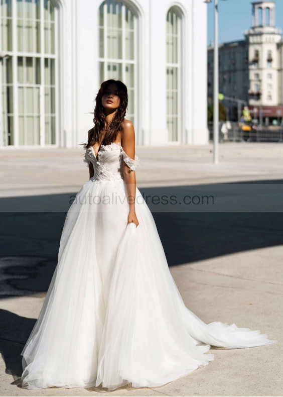 Off Shoulder Beaded White Tulle Dreamy Wedding Dress